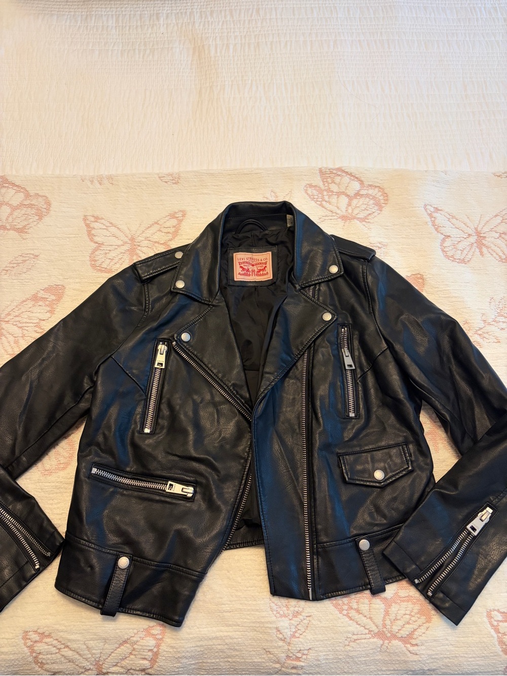 Levi's Women's Black Leather Biker Jacket with Silver Hardware